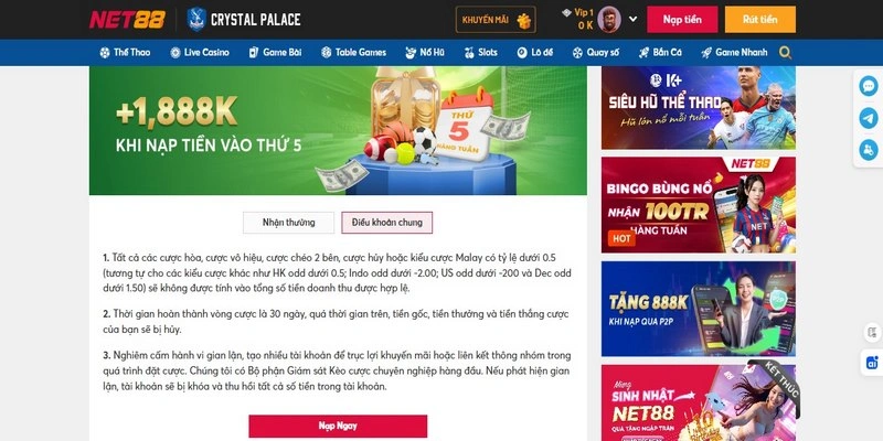 Điều kiện khi tham gia siêu thưởng nạp tiền Thứ 5 tại Net88