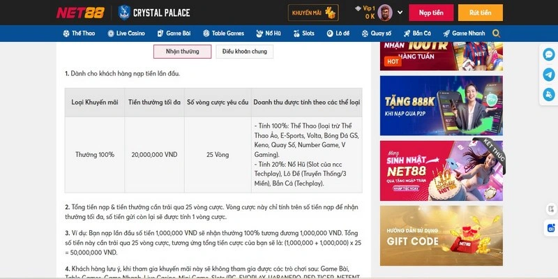Giới thiệu khuyến mãi Net88 nạp đầu tặng 100% tối đa 20 triệu