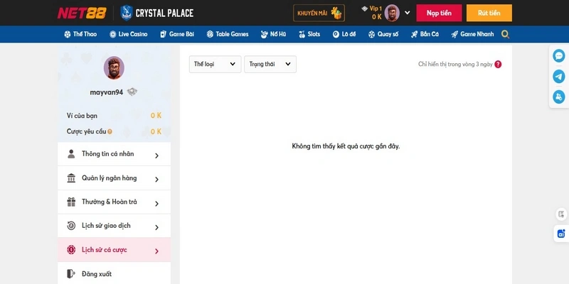 Lịch sử cá cược Net88 chỉ hiển thị trong 3 ngày