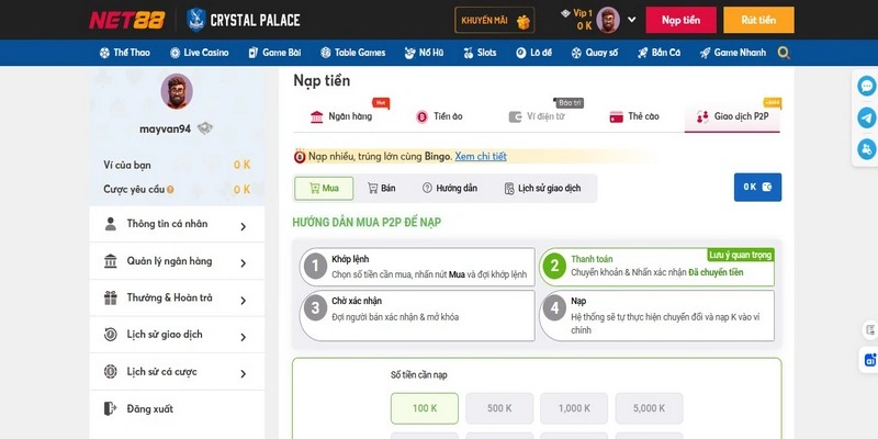 Lưu ý khi nạp tiền qua P2P tại Net88