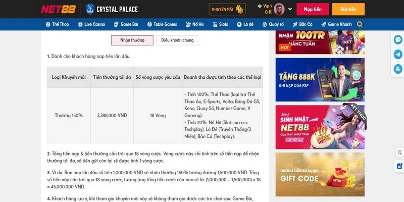 Net88 khuyến mãi nạp đầu tặng 150% tối đa 3.388k