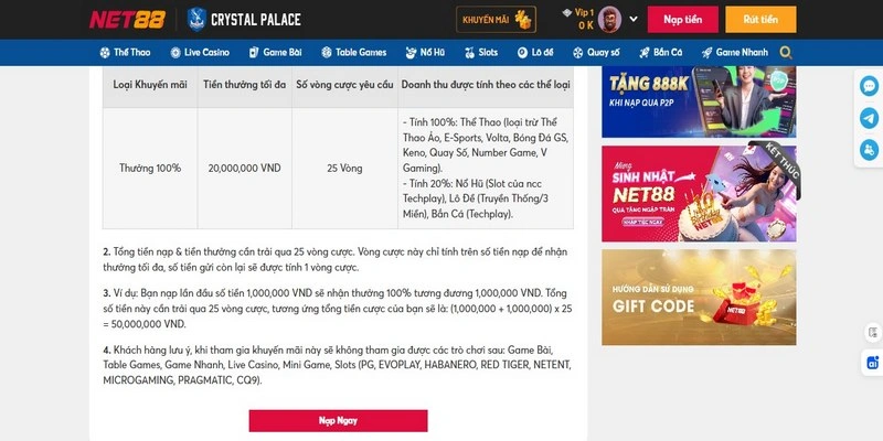 Quy định về khuyến mãi Net88 nạp đầu 100% tối đa 20 triệu